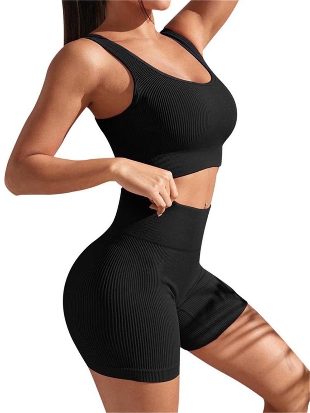 Seamless Ribbed Black Sports Bra & High-Waist Bike Shorts Set
